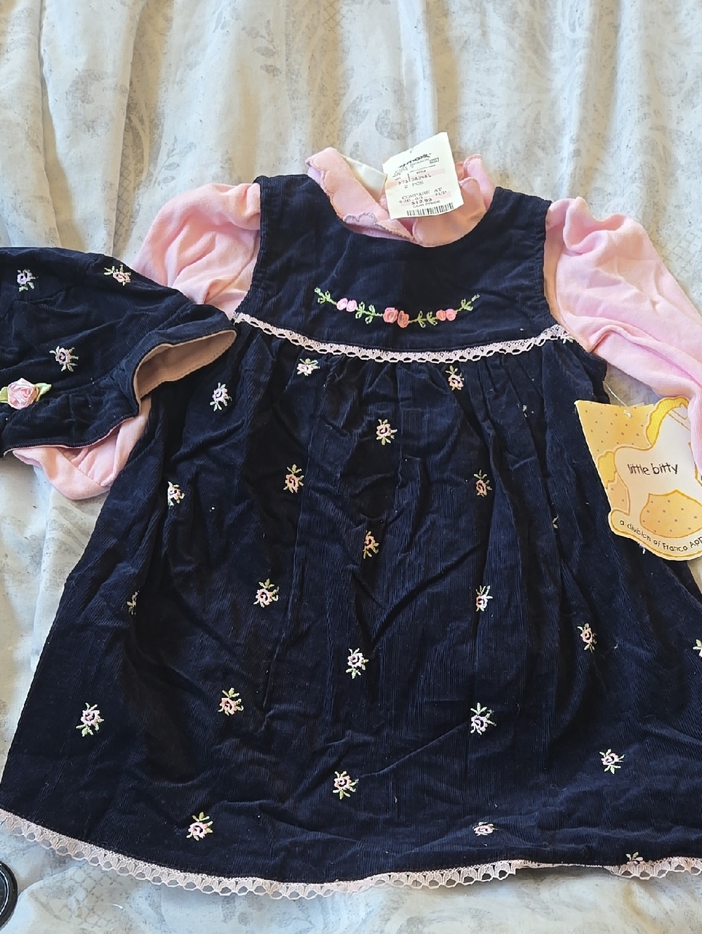 Little Bitty Navy Velvet Dress with Pink Details - Girls